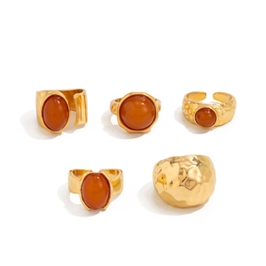 Five-piece vintage gold alloy ring set with dark red acrylic stones and lava textures