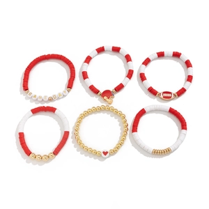 6pcs Game Day stretch bracelet set with red and white Heishi beads and football charms