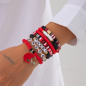 Rugby and Game Day multi-layer acrylic bead and clay disc bracelets with helmet charm