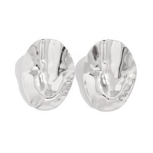 Detailed view of silver oval stud earrings with modern hammered texture and metallic shine