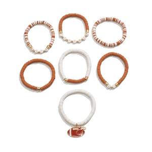 Set of 7 orange and white clay bead bracelets with football charm and letter beads