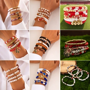American Football Game Day Beaded Bracelet Set For Women Polymer Clay Alloy Heart Rugby Helmet Charm Bracelet Jewelry
