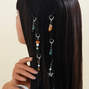 Bohemian Butterfly Mushroom Pendant Braid Hair Rings Set Vintage Alloy Agate Turquoise Crystal Hair Clips Women Jewelry