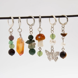 6-piece set of mushroom crystal hair accessories with butterfly pendants on silver hooks