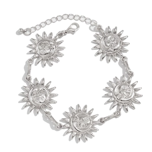 Silver sun pendant waist chain with moon face carvings and adjustable metal link belt