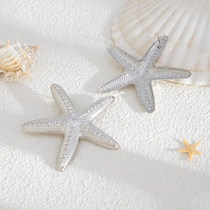 Detailed close-up of silver starfish earrings with realistic textured finish on sand