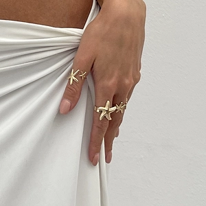 Gold starfish open adjustable ring set for women featuring summer ocean vacation style