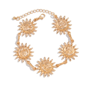 Bracelet de cheville doré avec pendentifs visage soleil et chaîne réglable en alliage