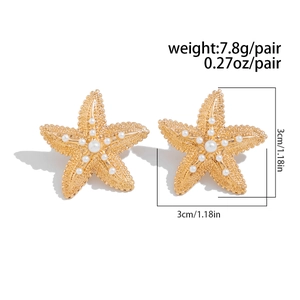 Detailed view of starfish earrings with textured gold finish and faux pearl accents