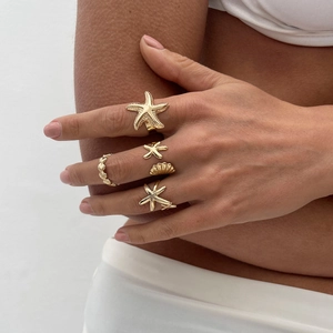 Ocean Theme Starfish Shell Alloy Ring Set And Adjustable Waist Chain Gold Silver Plated Beach Vacation Jewelry For Women