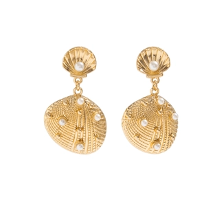 Detailed view of golden seashell drop earrings with textured finish and white pearls