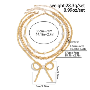 Detailed size chart of triple-layer gold bead and faux pearl bow pendant necklace