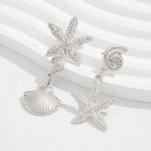 Detailed close-up of textured silver starfish and seashell charms on ocean style earrings