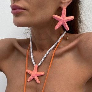 Collar con Colgante de Estrella de Mar Estilo Oceánico Boho Pendientes de Botón de Aleación Esmaltada Estrella de Mar Cadena de Cuerda Trenzada Joyería Mujer