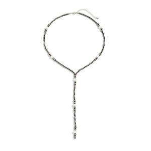 Detail view of Y-shaped necklace with grey metallic beads, pearls and lobster clasp