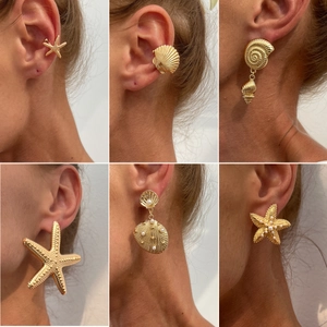 Ocean Style Marine Life Starfish Shell Conch Drop Stud Earrings Gold Silver Alloy Metal Artificial Pearl Jewelry For Women Beach Party Vacation Accessories