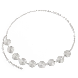 Detailed view of silver waist chain featuring nine spiral-textured circular metal discs