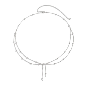 Double-layer silver body chain featuring metal beads and tassel fringe on white background