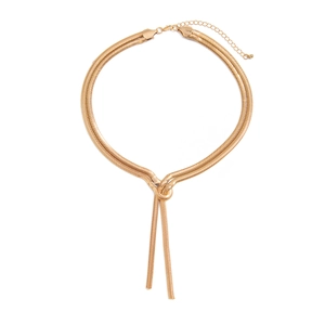 Golden double-layer flat snake bone chain necklace with a trendy tie-knot tassel design