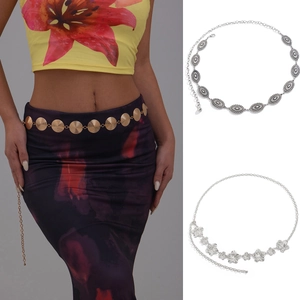 Chaîne de Taille en Métal Bohémienne pour Femmes Ceinture de Corps Maillons Fleurs Disques Sculptés Ajustable Bijoux de Plage Ethniques