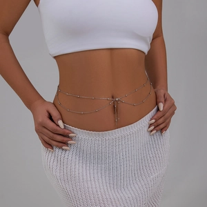 Fashion silver double-layer body chain with delicate beads and tassel for women