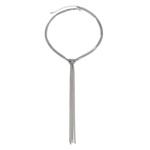 Silver multi-strand knotted fringe necklace with long tassels in a minimalist Y-shape