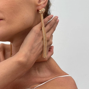 Minimalist Y-shaped golden metal tassel drop earrings with a knot design for women
