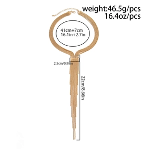 Detailed view of layered gold tassel necklace with dimension and weight specifications