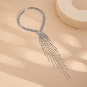 Detail of silver long tassel necklace with multi-layer box chains and lobster clasp