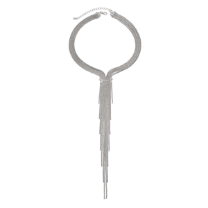 Detail of silver tassel necklace with multiple thin chains and lobster clasp closure