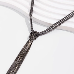 Minimalist gunmetal multi-layered box chain necklace with elegant metallic tassels