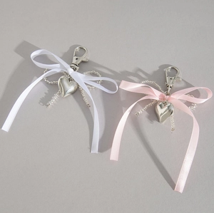 Porte-clés Doux avec Nœud en Ruban et Cœur pour Femmes Pendentif en Alliage Charme de Sac Décor Perles Rose Blanc