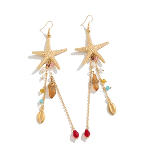 Detaillierte Makroansicht der goldenen Seestern- und Muschel-Quastenohrringe im Boho-Stil