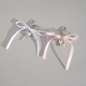 Bijou de sac à nœud avec pendentif cœur en alliage et porte-clés perlé en blanc et rose