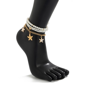 Bracelet de cheville multicouche doré avec pendentif étoile de mer et perles blanches