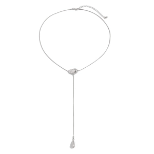 Detailed view of silver Y-shape snake chain necklace with heart and teardrop pendants