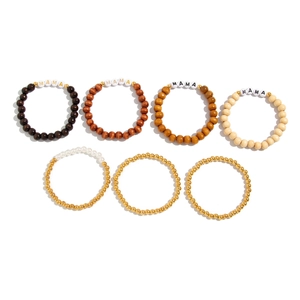Bohemian multilayer stackable bracelet set with MAMA letter beads and natural wood accents