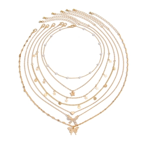Ensemble collier multicouche doré avec pendentifs papillon, étoiles et perles élégant
