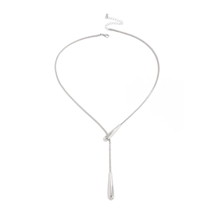 Detail of silver irregular teardrop pendant necklace with delicate snake chain and lobster clasp