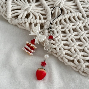 Porte-clés fraise mignon avec nœud blanc et perles rouges pour sacs à main