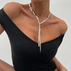 Silver woven snake chain necklace in a Y-shaped drop style shown on a female model
