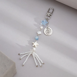 Starfish beaded keychain with pearls and blue star charms for bags and keys
