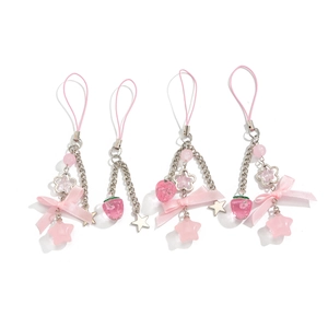 Pink strawberry bow keychain set with pearl starfish and star pendants for bags