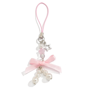 Pink bow keychain with strawberry pendant, stars, and pearls for phone or bag decoration