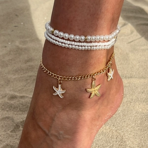 Ensemble de Bracelets de Cheville Bohème Plage Étoile de Mer Pendentif Alliage Künstliche Perles d'Imitation Multi Couches Bijoux Femme