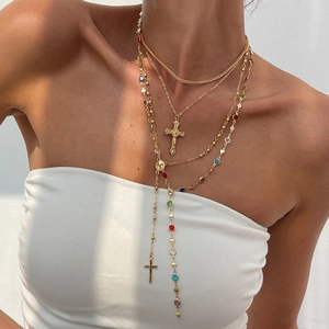 Parure de Colliers Superposés en Alliage Plaqué Or Argent Avec Strass pour Femme Pendentif Croix Religieuse Médaillon Bijoux