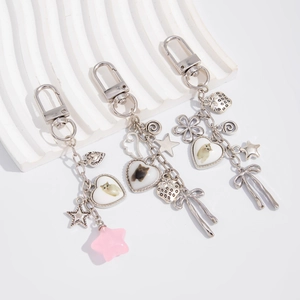 Cat and fishbone acrylic heart pendants on silver metal keychains for women