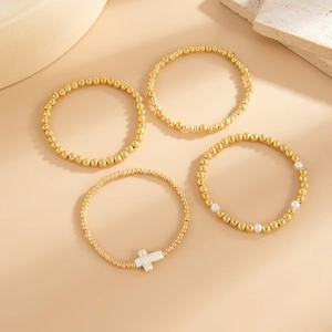 Details von 4-teiliges goldenes Perlenarmband-Set mit Kreuzanhänger und Perlen