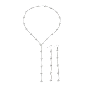 Minimalist silver bead chain necklace and long drop earrings jewelry set on white background