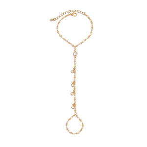 Elegant gold hand chain set with vertical round crystals on a polished bead chain